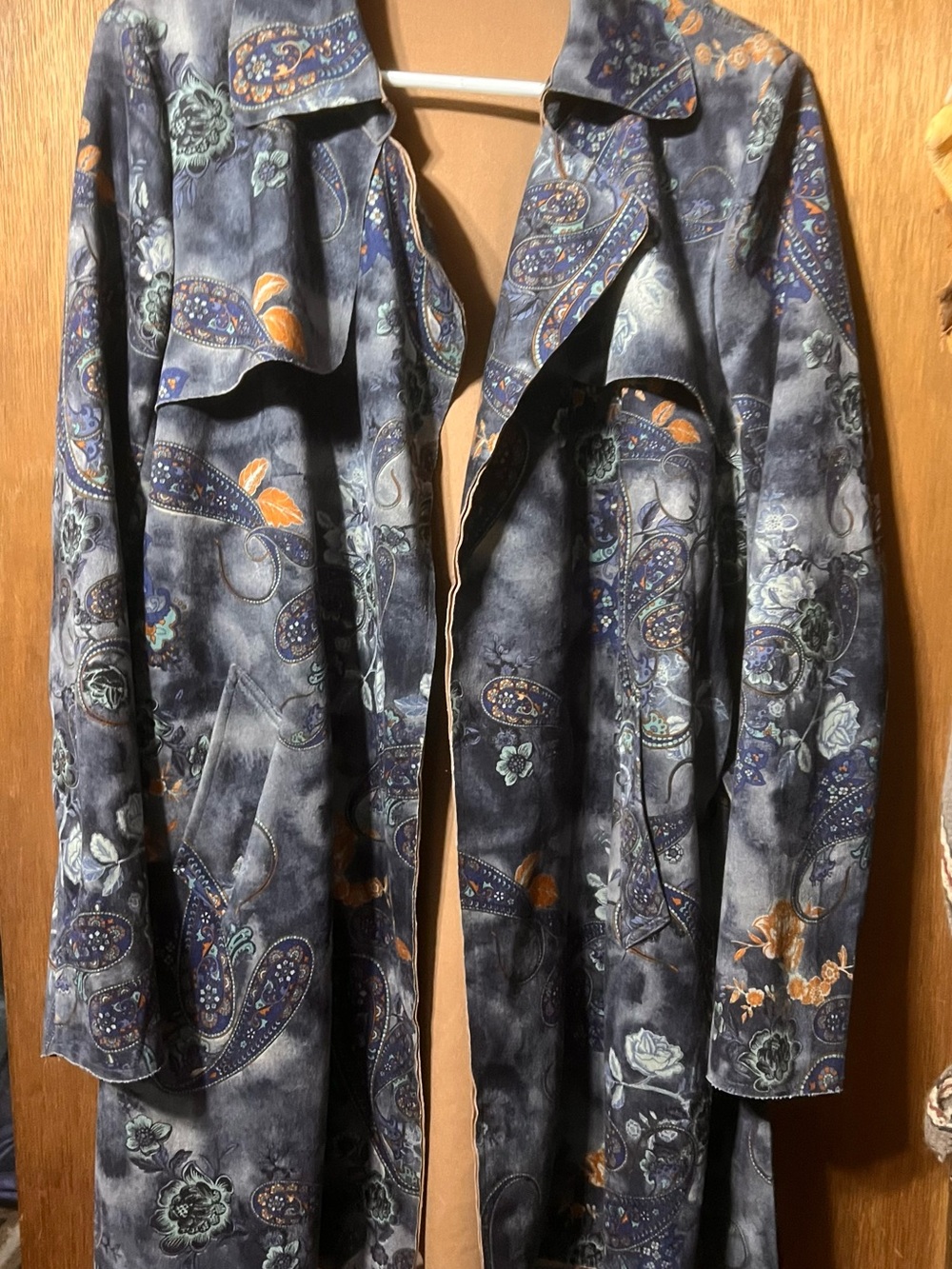 Solitaire Navy Paisley Trench Coat with Orange Accents
